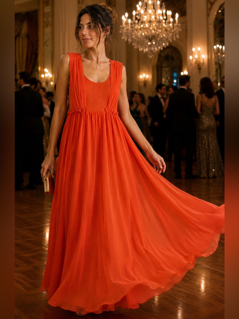 Carven Designer Silk Colorblock Maxi Dress/Coral Orange